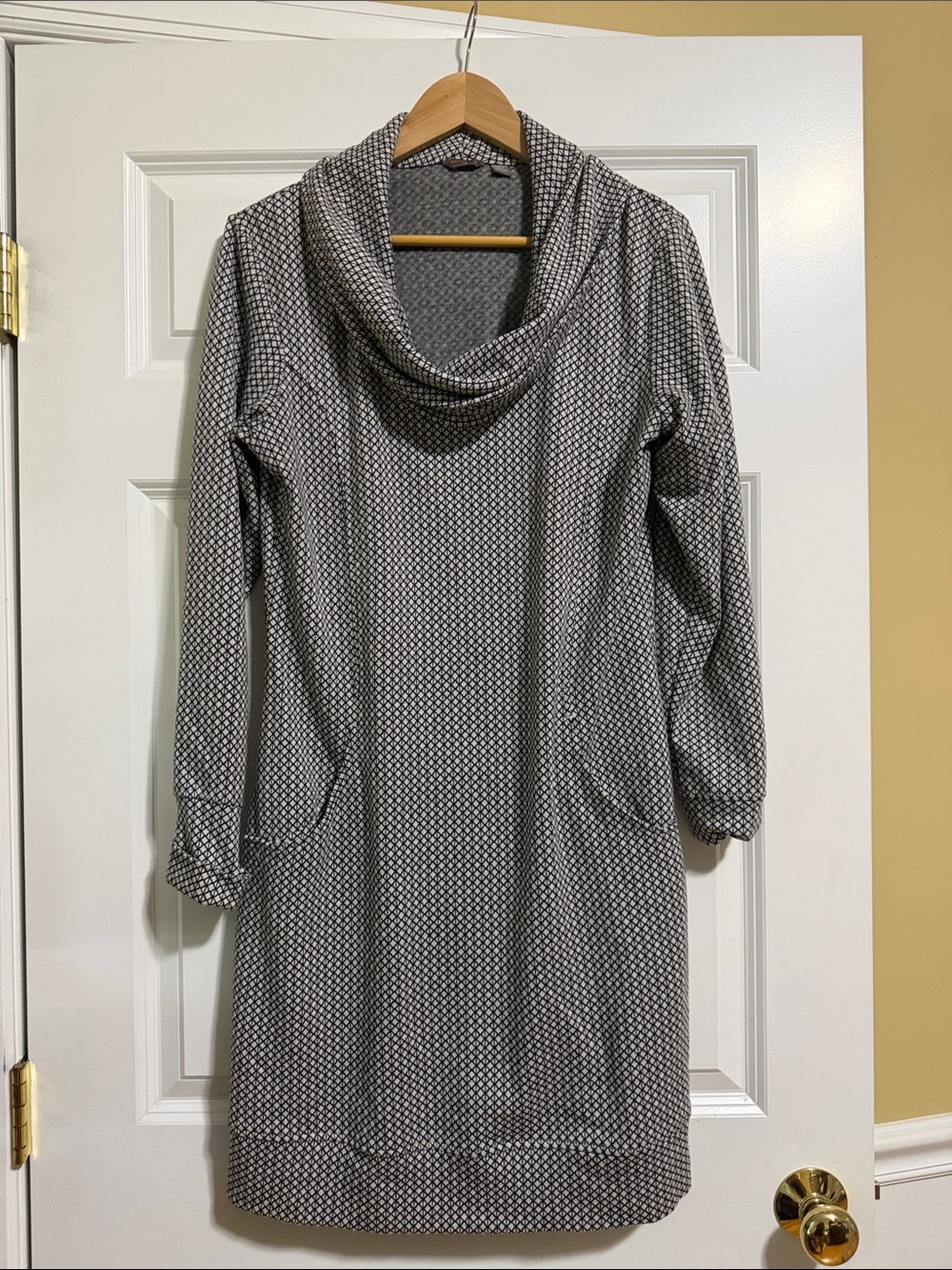 Merrell Gray Patterned Cowl Neck Long Sleeve Dress